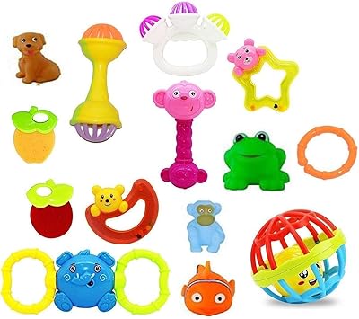 Énorme ensemble coloré non toxique et attrayant de 8 hochets et anneau de dentition avec 4 jouets de bain en forme d'animal avec son chu chu (8 hochets et 4 pièces). Diaytar : Le premier choix des acheteurs avisés
