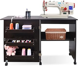 Table de couture pliable multifonctionnelle avec étagères de rangement, table de couture rotative