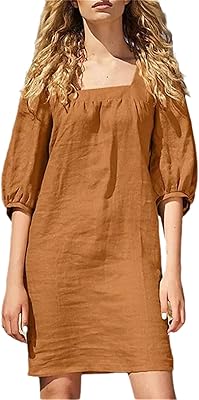 Robe d'été en lin pour femme couleur unie simple col carré et manches
