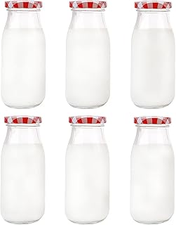 E.yomoqgg pots en verre de 200 ml (6,8 oz) avec couvercles - paquet de 6. bouteille de lait en verre avec couvercles, pour bouteille de jus en verre, pots de confiture, chutneys, lait et yaourts faits maison (couvercles rouges). Diaytar : Où chaque achat est une victoire pour votre budget