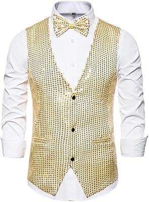 Gilet deux pièces à paillettes et col en v pour hommes, coupe régulière