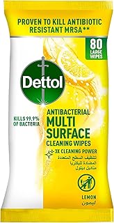 Lingettes antibactériennes multi-surfaces dettol citron avec couvercle refermable, paquet de 80 grandes lingettes