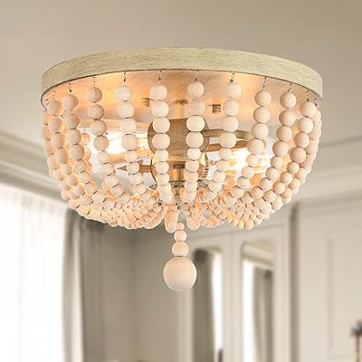 Lustre bohème en bois perlé, plafonnier bohémien, finition rustique en imitation chêne, 2