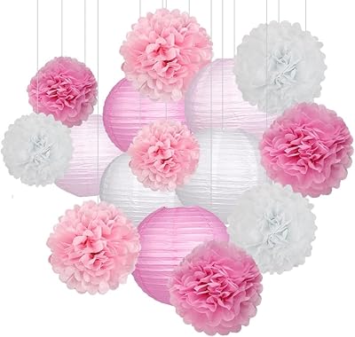 15 pièces décoration de fête rose lanterne à pompons en papier