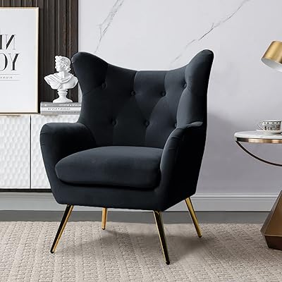 Fauteuil à oreilles en velours au design moderne avec pieds dorés métalliques, chaise