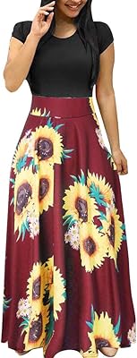 Robe d'été à col rond pour femme, robe longue à motif tournesol, robe