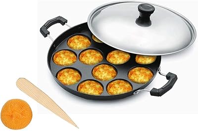 Batterie de cuisine antiadhésive appam patra avec couvercle et poignée robuste (12 cavités)