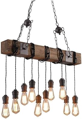 Lustre industriel rustique en bois à 10 lumières avec 10 têtes, plafond