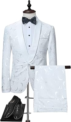 Costume de smoking deux pièces en jacquard coupe slim à fleurs blanc