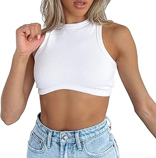 T-shirt court basique sans manches côtelé à col rond abardsion pour femme