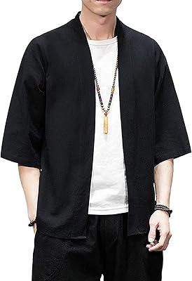 Cardigan kimono ample japonais en coton et lin pour homme, manches 3/4, ouvert