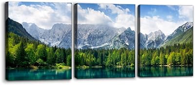 3 magnifiques décorations murales de paysage avec des images de forêt et de montagnes de lac turquoise imprimées sur toile d'art moderne tendue avec cadre prêt à accrocher - 12×16×3. L'expérience e-commerce réinventée par Diaytar au Sénégal