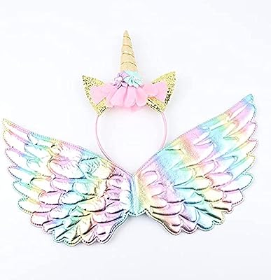 Bandeau licorne doré à paillettes, corne et ailes, ensemble de fournitures de fête