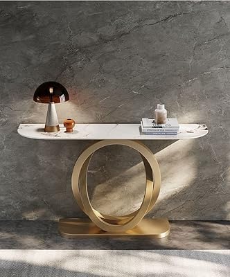 Table console avec base en métal doré mat et plateau en marbre, table