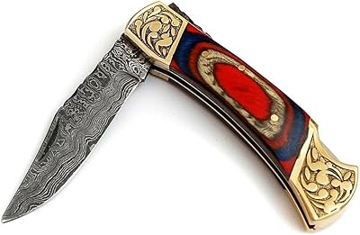 Couteau pliant damas fait main avec étui en cuir pour le camping, la pêche,