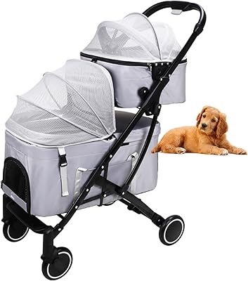 Poussette double pliable pour animaux de compagnie, chat, chien, chat, avec auvent réglable