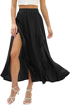 Jupe longue d'été pour femmes, décontractée, élastique, à volants, fendue, taille haute, style