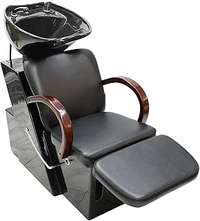 Chaise à shampoing classique robuste noire avec repose-pieds manuel et accoudoir en bois