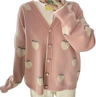 Femmes harajuku cardigan imprimé pêche pull mignon lâche coréen élégant hiver manches longues