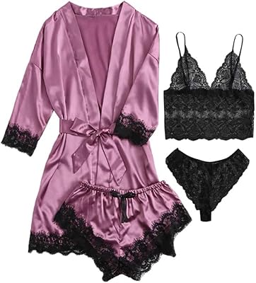 Ensemble pyjama 4 pièces en satin et dentelle florale pour femme avec robe