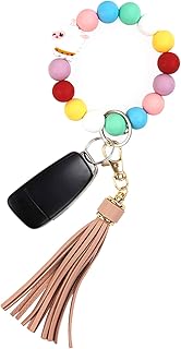 Porte-clés en silicone pour femmes avec pompon élastique perlé, porte-clés de voiture