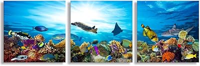 Art mural en 3 pièces avec vue sur le fond de l'océan, tortue