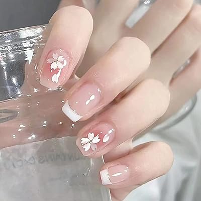 Ensemble de faux ongles carrés courts à pression, jolis ongles français en pétales