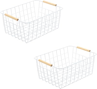 Paniers de rangement en fil métallique fcg home, blanc avec poignée en bois