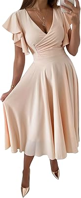 Robe mi-longue pour femme avec col en v à volants et manches trapèze