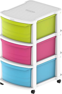 Armoire de rangement polyvalente à 3 niveaux avec roulettes blanches et tiroirs multicolores