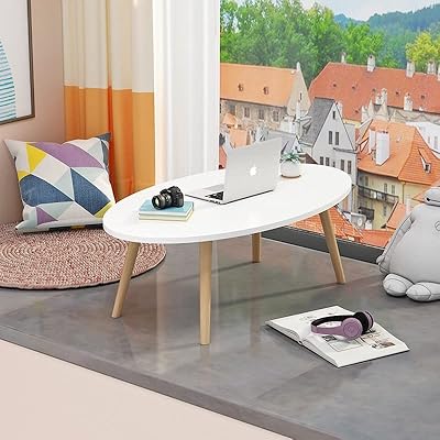 Table basse de forme ovale pour salon, pieds en bois à montage facile