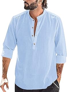 Chemise de plage boutonnée en coton et lin henley pour hommes, chemise décontractée