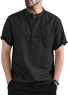 Chemises en lin décontractées à manches courtes pour hommes, chemise henley de plage