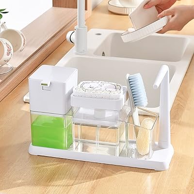Distributeur de savon de cuisine avec porte-éponge, distributeur de savon liquide pour vaisselle