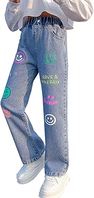 Jean large décontracté avec motif cœur et taille élastique pour jeunes filles, taille
