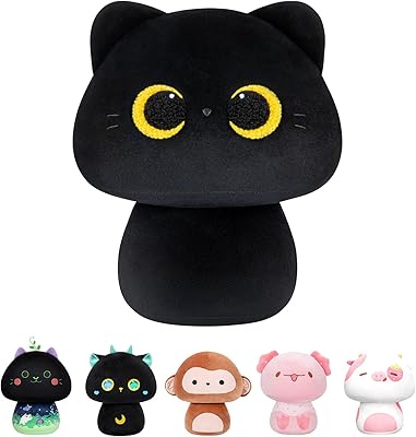 Mewaii 8 pouces peluche champignon, mignon chat noir en peluche oreiller doux peluches