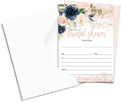 Invitations et enveloppes pour fête prénuptiale blushing (paquet de 25) fleurs rustiques bleu