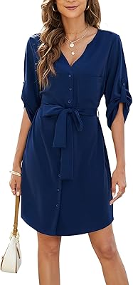 Robe d'été à col en v manches 3-4 cordon de serrage la taille