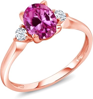 Bague en or rose 10 carats avec saphir synthétique rose ovale de 1,75