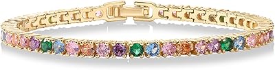 Bracelet de tennis plaqué or 14 carats avec zircone cubique multicolore de 3