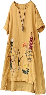Robe d'été trapèze en lin brodée pour femme, robe longue à col bas