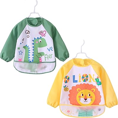 Bavoir à manches longues lavable avec poche à miettes pour nourrissons et tout-petits