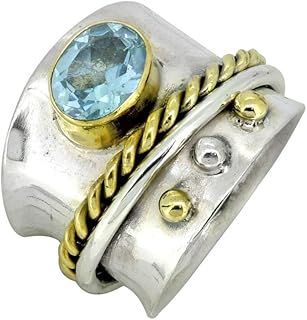 Bague boho à large bande en argent sterling 925 avec topaze bleue 6x8