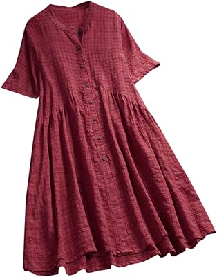 Robe longue boutonnée à col en v et manches courtes pour femmes