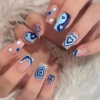 Faux ongles à pression carrés kamez blue heart, faux ongles en acrylique à