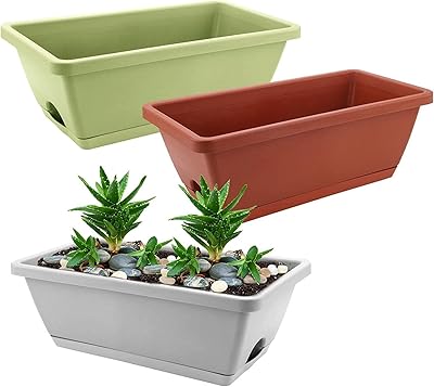 3 pots de fleurs rectangulaires avec trou de drainage, pots de fleurs