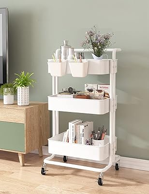 Chariot de rangement multi-usage à 3 niveaux, chariot en métal blanc avec roues