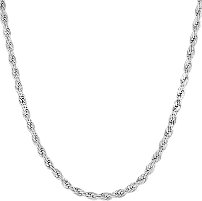 Chaîne en corde de 2,5 mm fine, collier en or blanc 14 carats