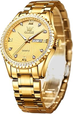 Montre à diamant pour hommes, montre habillée lumineuse et étanche, grand cadran doré
