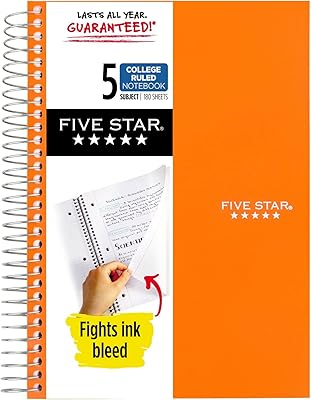Cahier avec reliure spirale et papier ligné divisé en 5 matières pour collège
